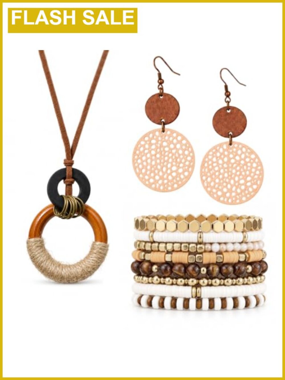 Boho Wooden Jewelry Set Long Rope Necklace Dangle Earrings Bracelets